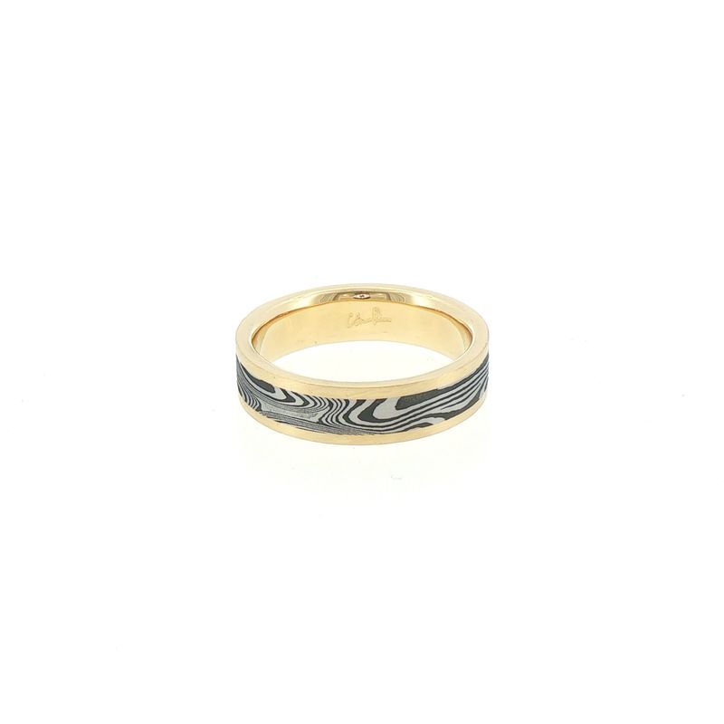 Cosmic Damascus Steel Ring Lined with 18k Yellow Gold Rails Flat Exterior 6mm Matte Finish/ Sz10.75