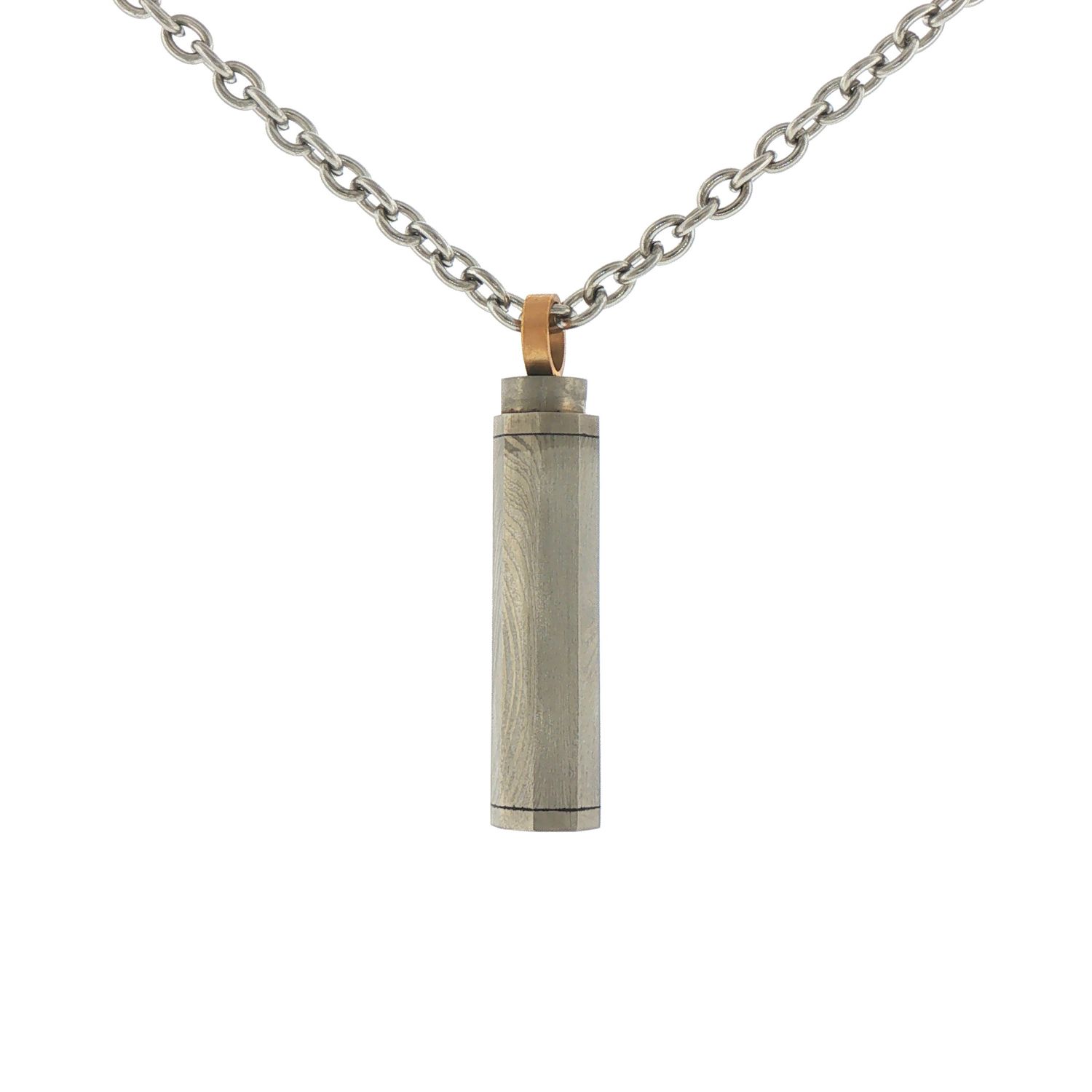Damascus Steel Octogon Reliquary Pendant w/ 18KY Bail and STST Chain