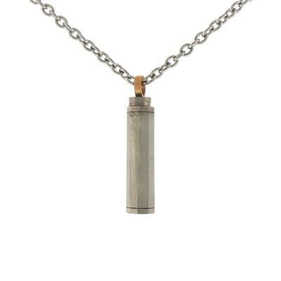 Damascus Steel Octogon Reliquary Pendant w/ 18KY Bail and STST Chain