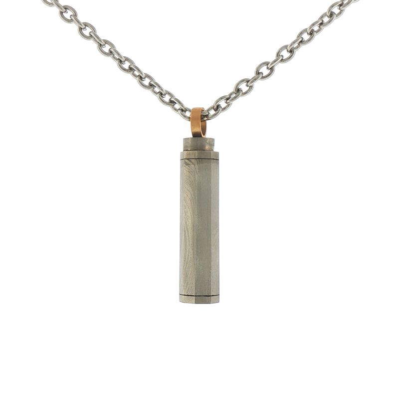 Damascus Steel Octogon Reliquary Pendant w/ 18KY Bail and STST Chain