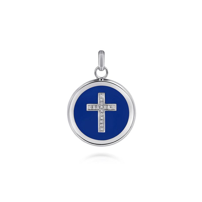 Blue Enamel Cross Pendant/SS/Round White Sapphire