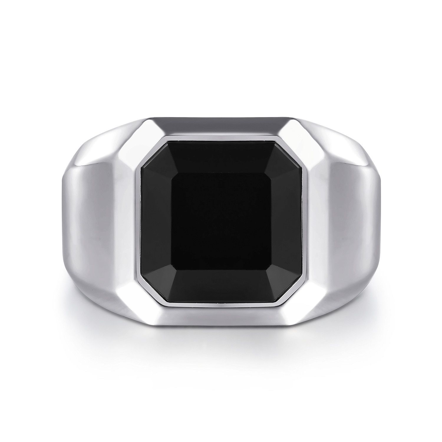 SS Wide Faceted Onyx Mens Signet Ring Satin Finish 4.58ct