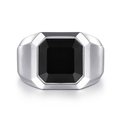 SS Wide Faceted Onyx Mens Signet Ring Satin Finish 4.58ct