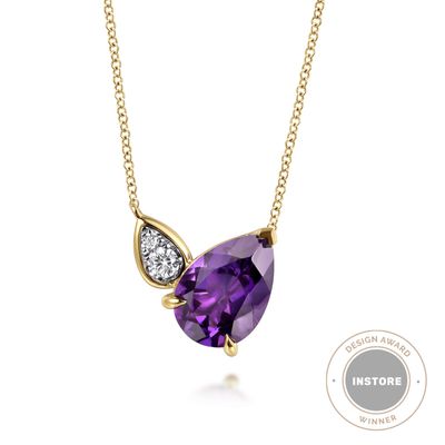 14KYW 4.52ct Pear Amethyst and .16cttw Diamond Necklace