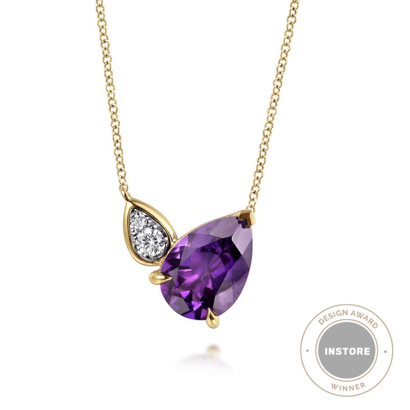 14KYW 4.52ct Pear Amethyst and .16cttw Diamond Necklace