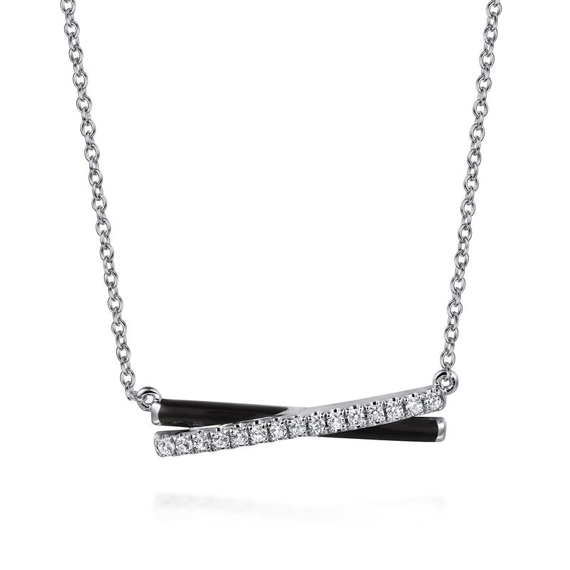 SS White Sapphire/Black Enamel Criss Cross Bar Necklace