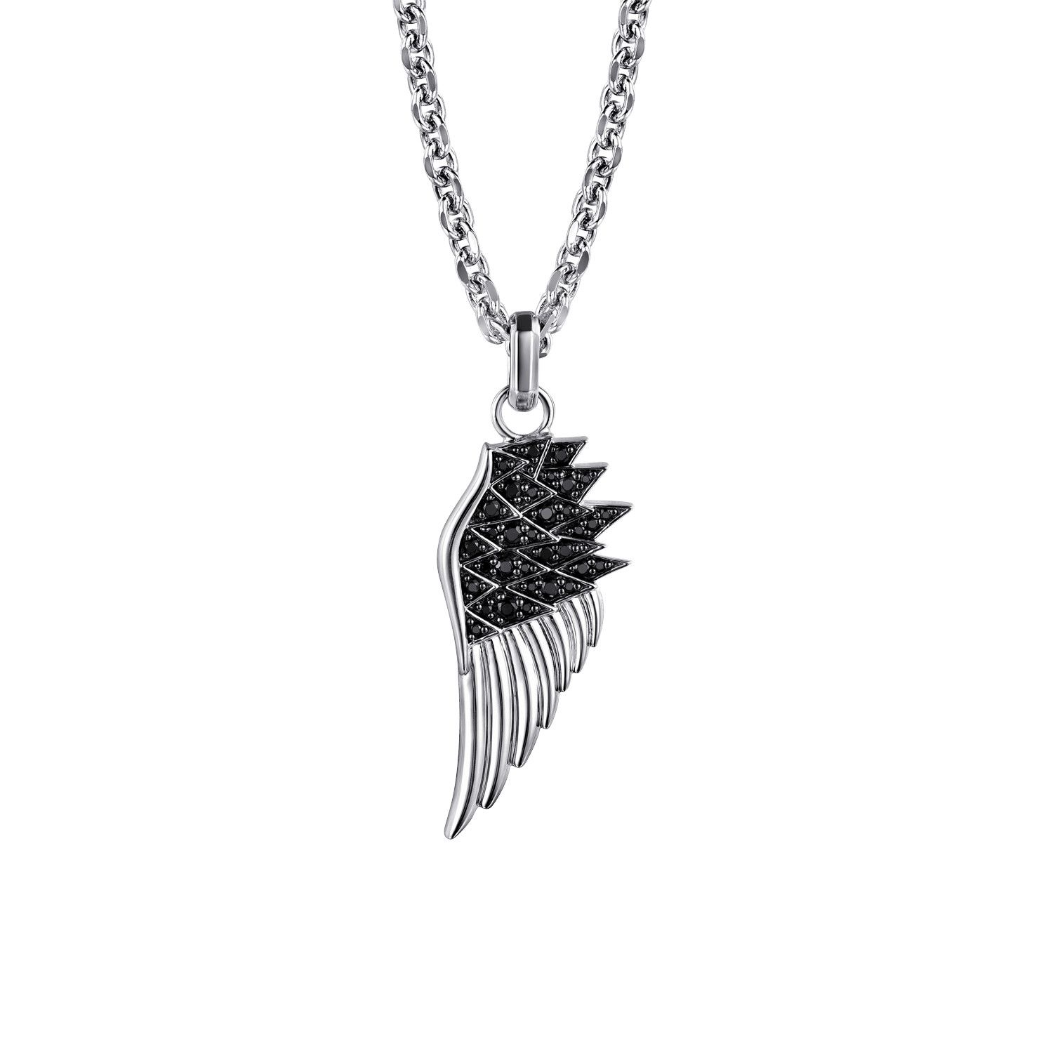 SS 22" Black Spinel Wing Pendant Necklace