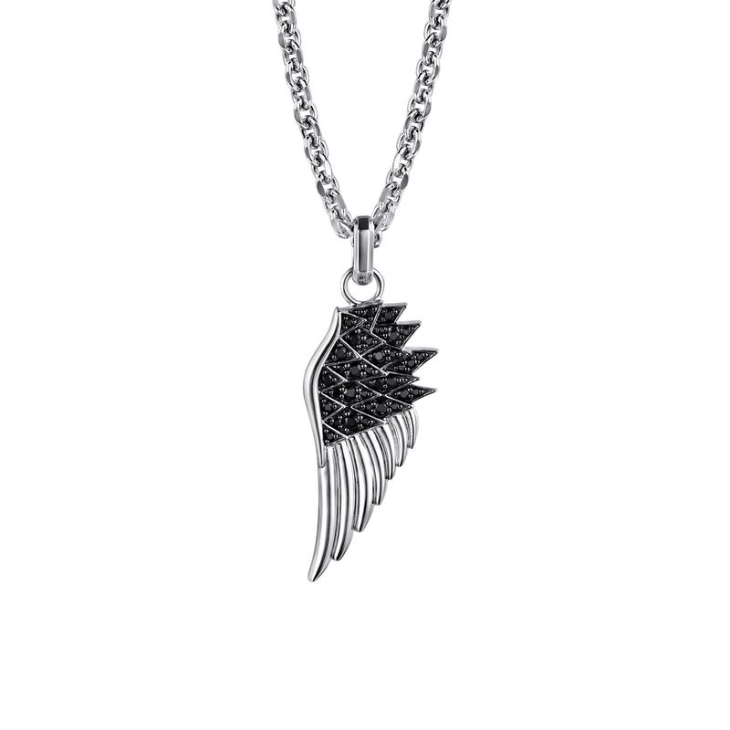 SS 22" Black Spinel Wing Pendant Necklace