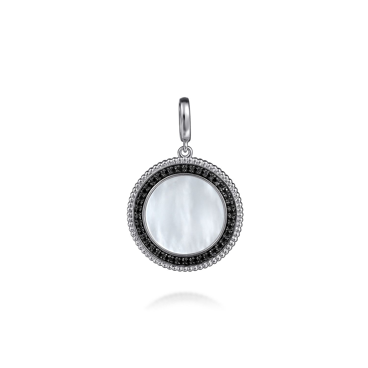 White Mother of Pearl and Black Spinel Medallion Pendant w/Bail/SS