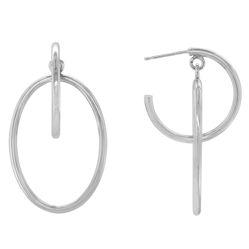 SS 20mm Round Hoop with Dangling Oval Drop Post Earrings