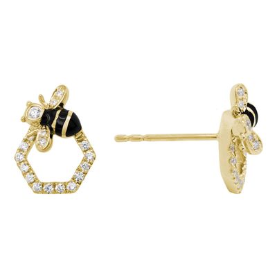 14KY Hexagon Diamond and Enamel Bee Stud Earrings
