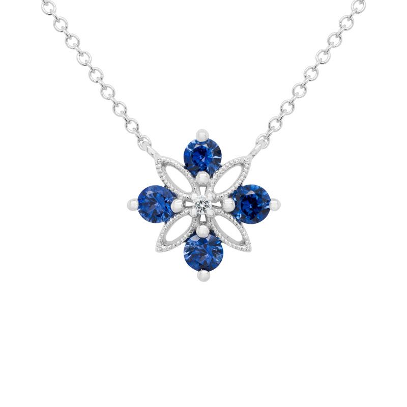 14KW Sapphire and Diamond Milgrain Pendant Necklace