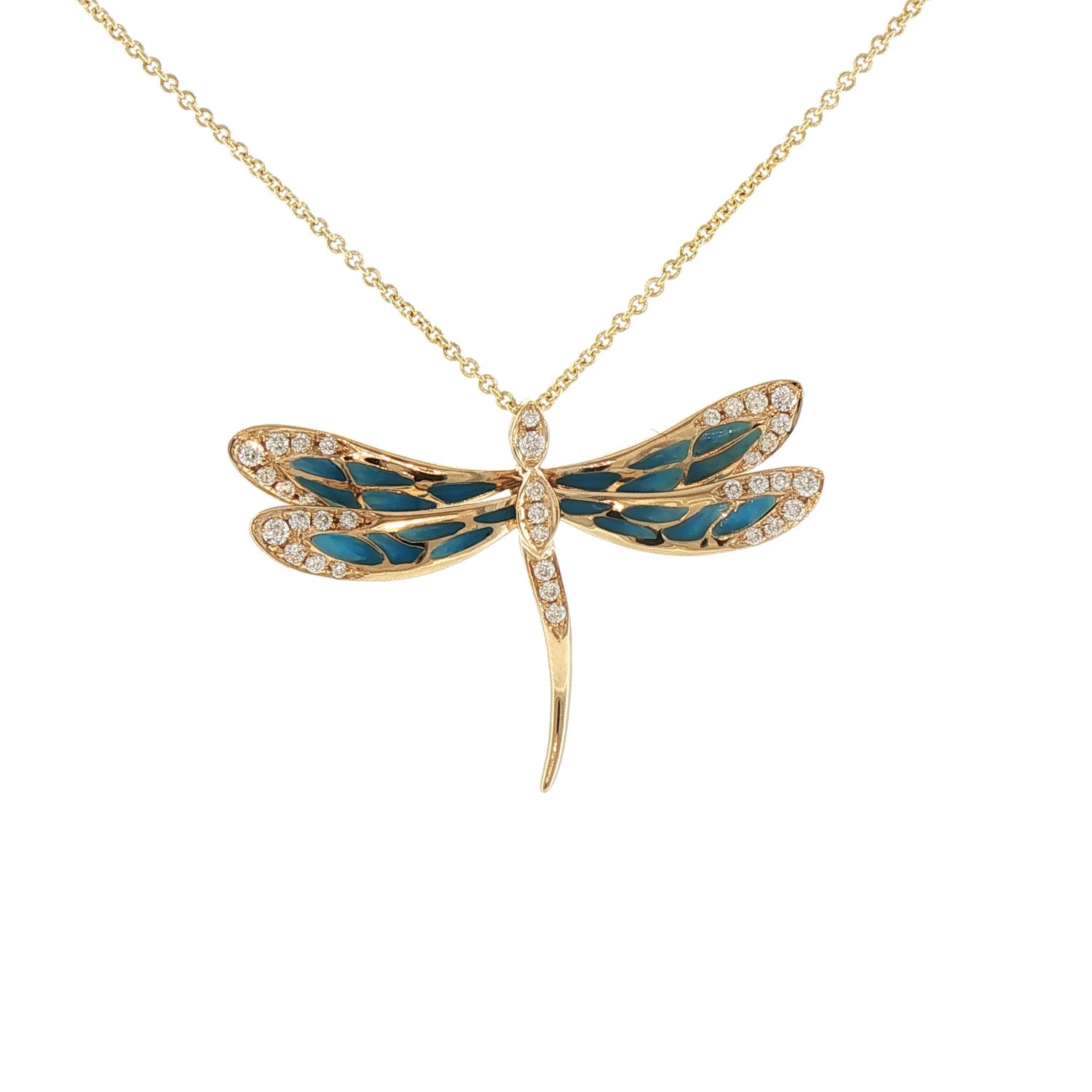 14KY Blue Enamel and Diamond Dragonfly Necklace