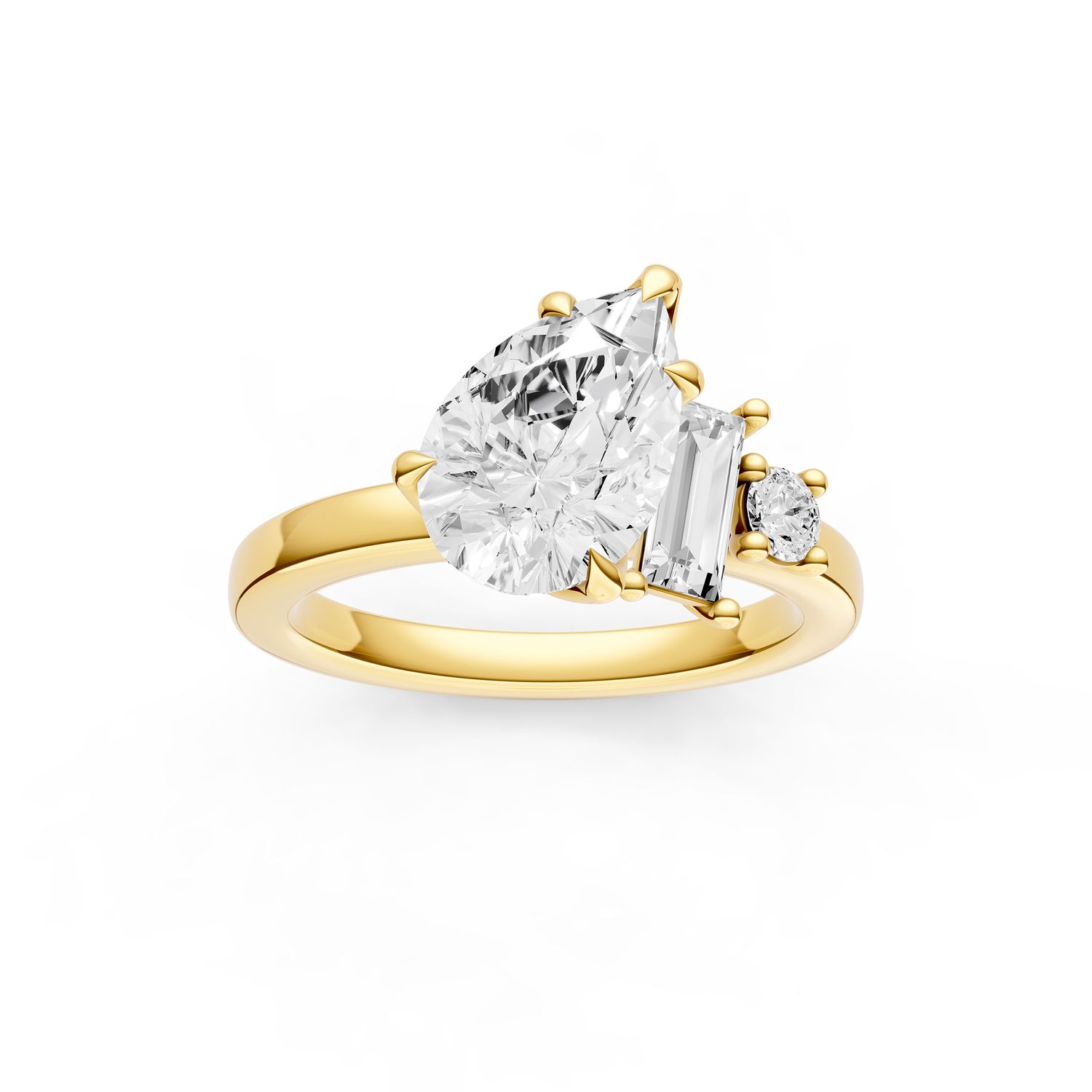 14KY Asymmetrical 1.5ct Pear Center with Baguette and Round Diamonds .34ct Semi-Mount