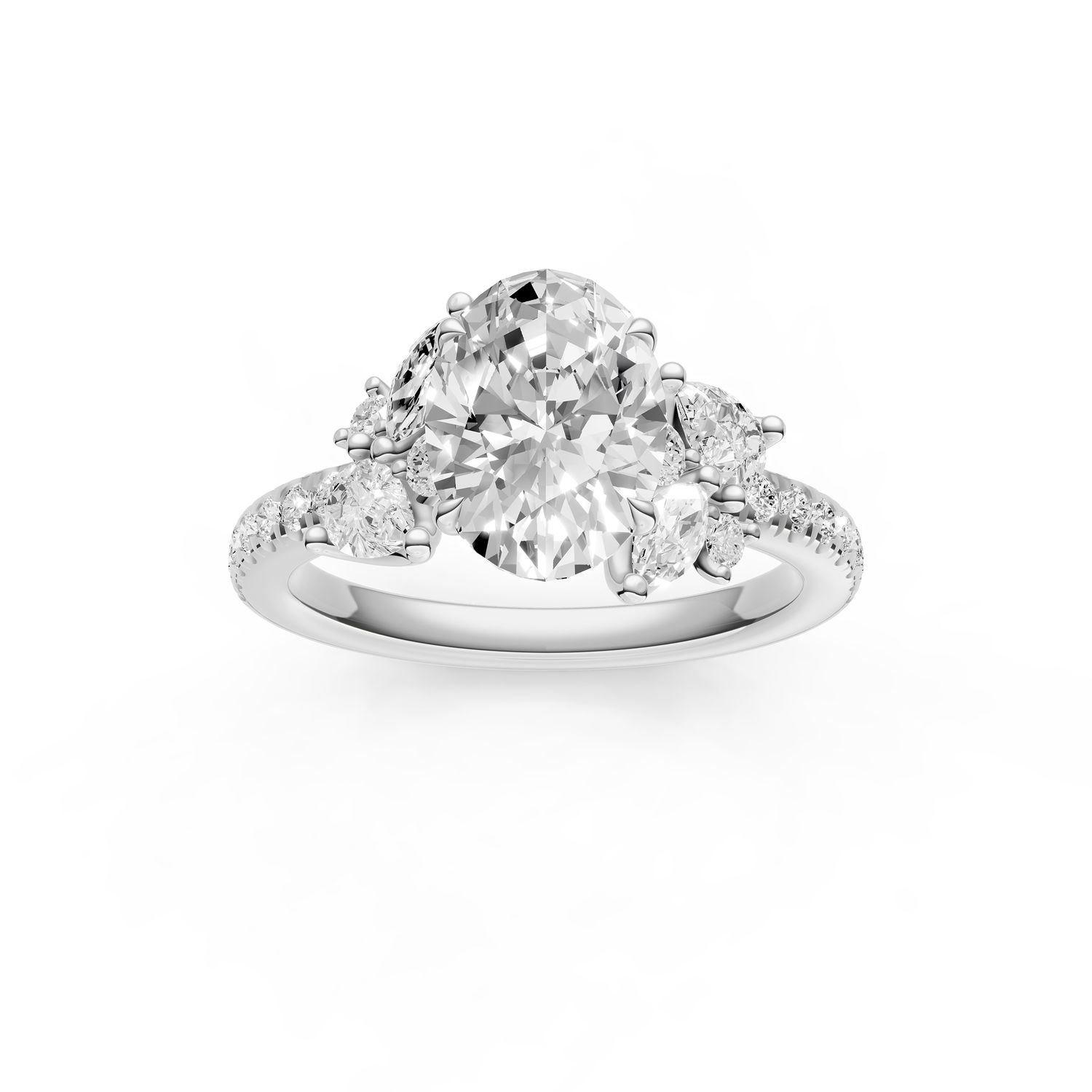 14KW 1.5ct Oval Jasmine Floral Cluster .61ct Cathedral Shank Semi-Mount