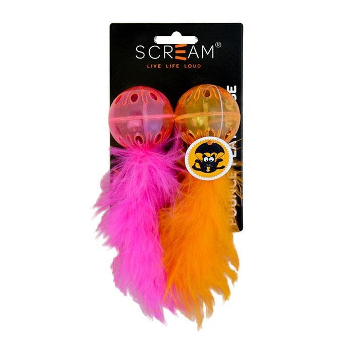 Cat toy Lattice Ball with Feathers 2 pack., Colour: Orange &amp; Pink 2pk