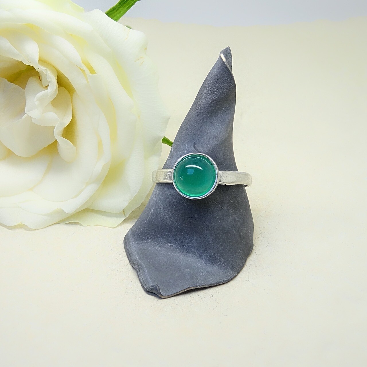 Silver stack of rings - Green Onyx stones