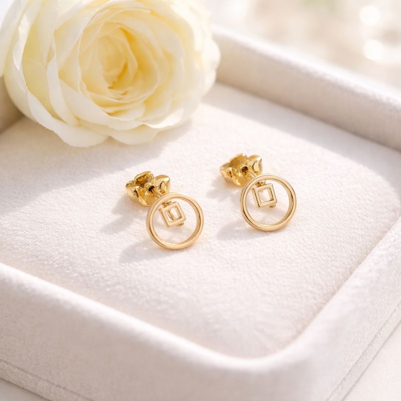 Gold-plated silver round stud earrings with small square