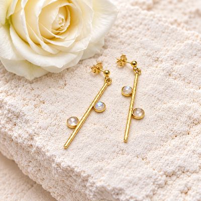 Sleek, straight stud earrings set with moonstones - Handmade by Harry TiLLEY