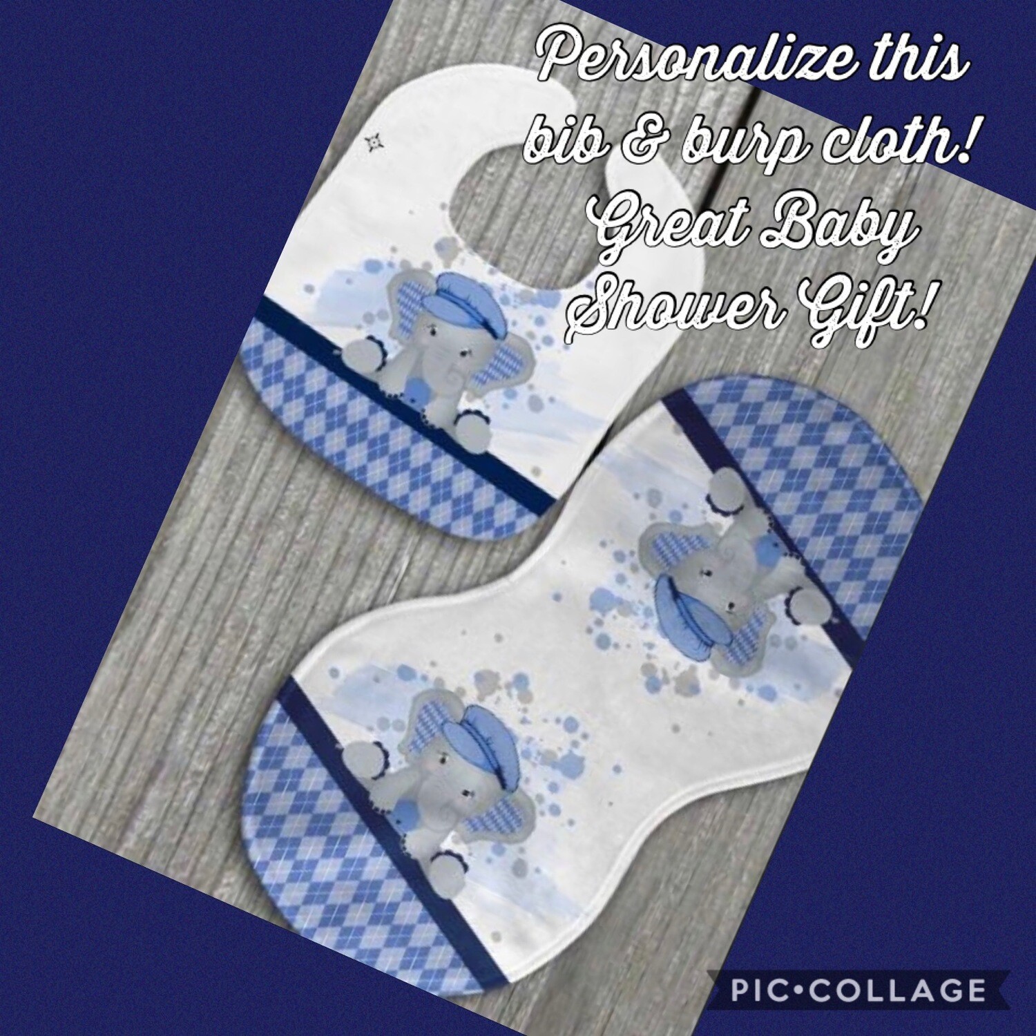 Baby Elephant In Blue Bib &amp; Burp Cloth