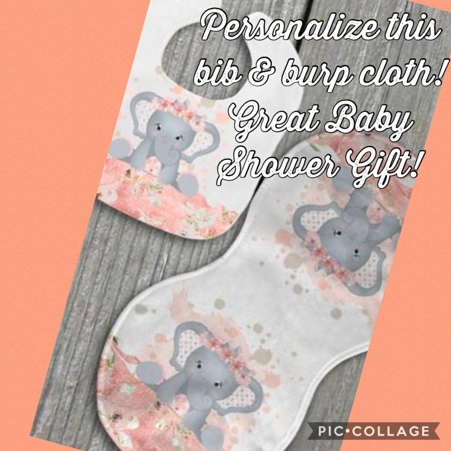 Baby Elephant In Peach Bib &amp; Burp Cloth