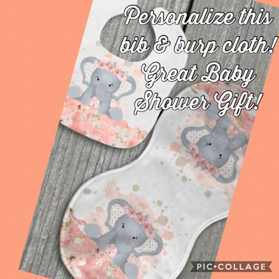 Baby Elephant In Peach Bib &amp; Burp Cloth