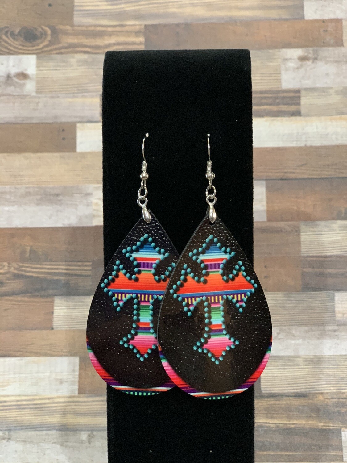 Serape Cross Earrings With Faux Leather Background.