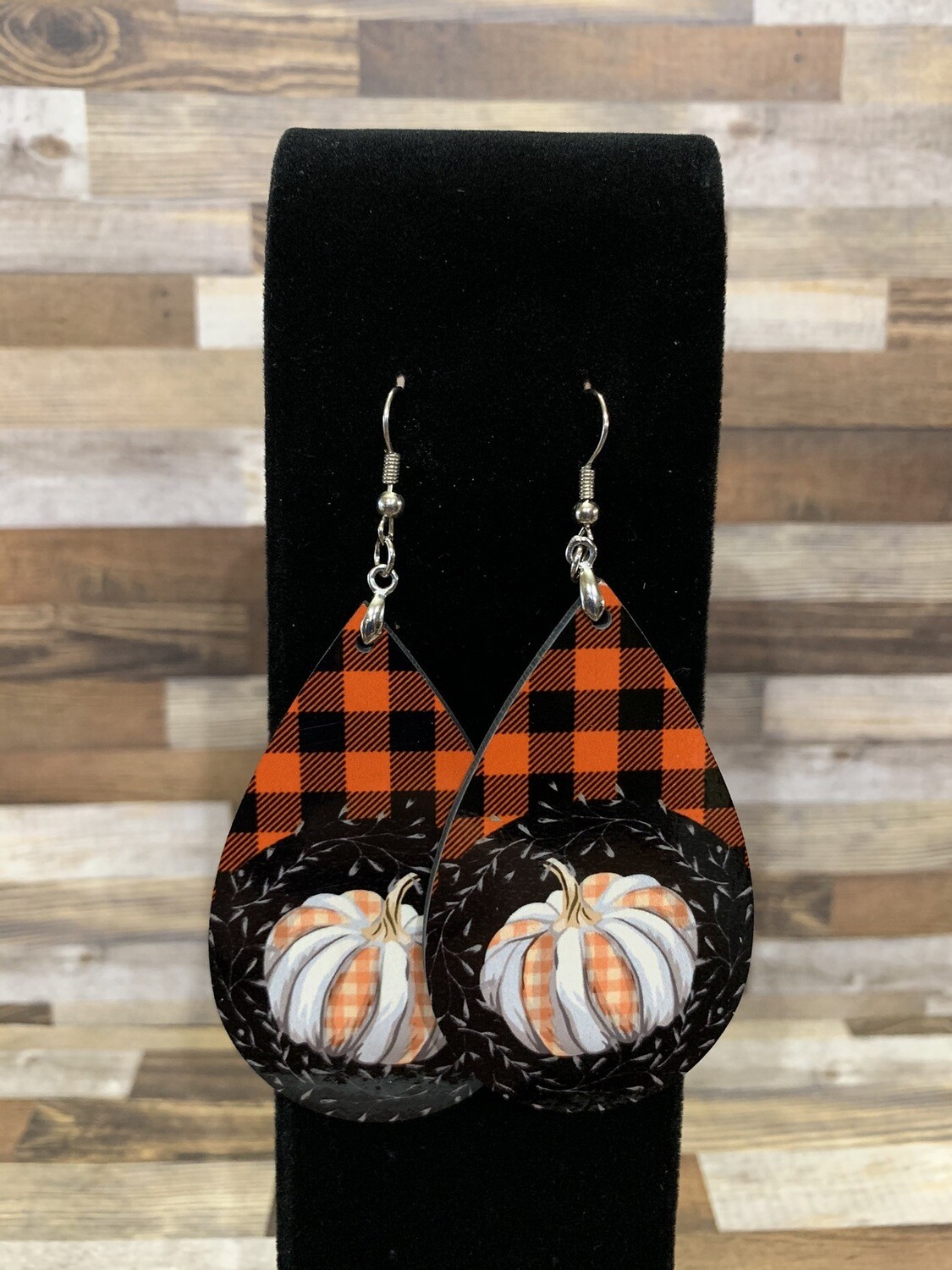 Fall Pumpkin Earrings With Buffalo Plaid Background