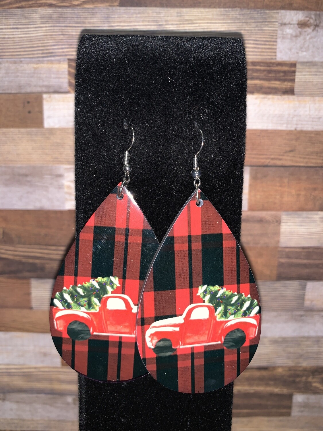 Red Buffalo Plaid Earrings with Christmas Tree Truck