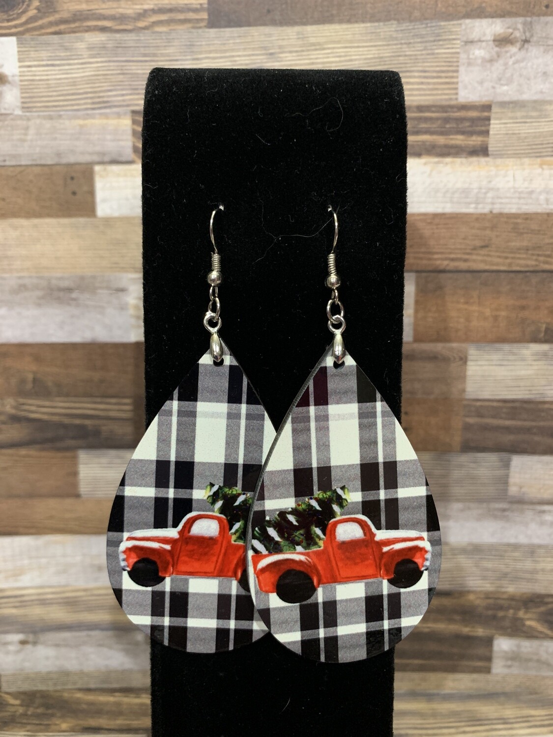 Red Christmas Trucks on Black and White plaid Earrings