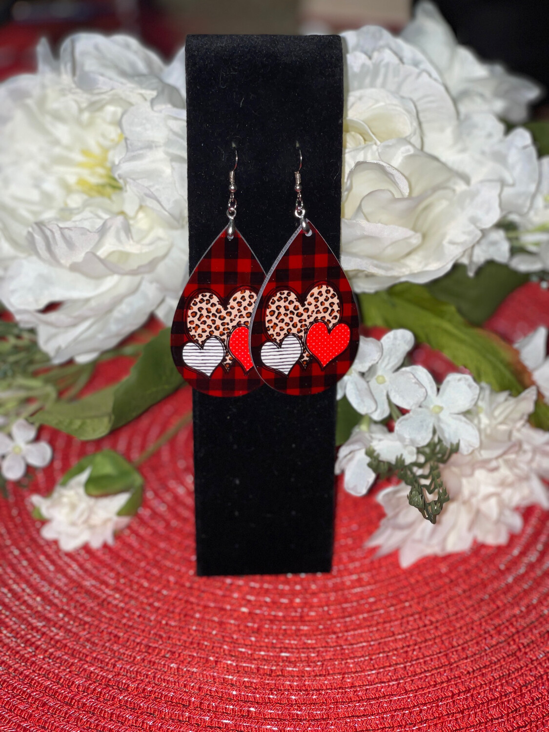 Buffalo Plaid &amp; Hearts Earrings With Cheetah &amp; White