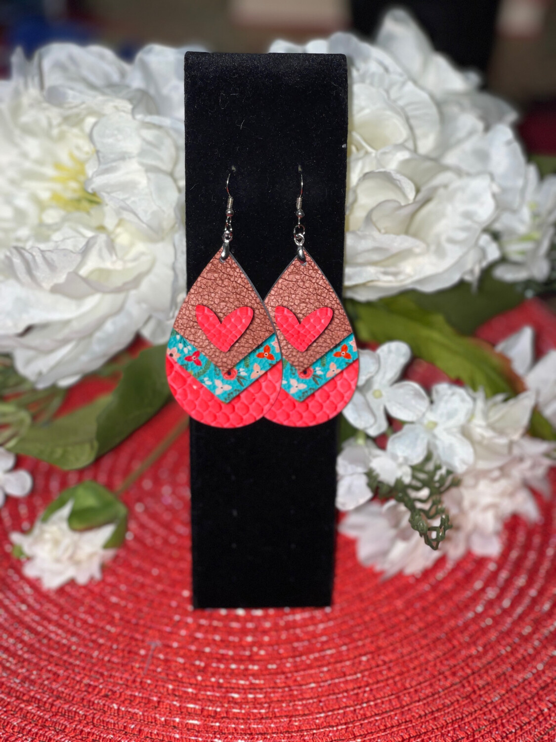 Teal &amp; Coral Teardrop Earrings With Hearts and Faux Leather Look.