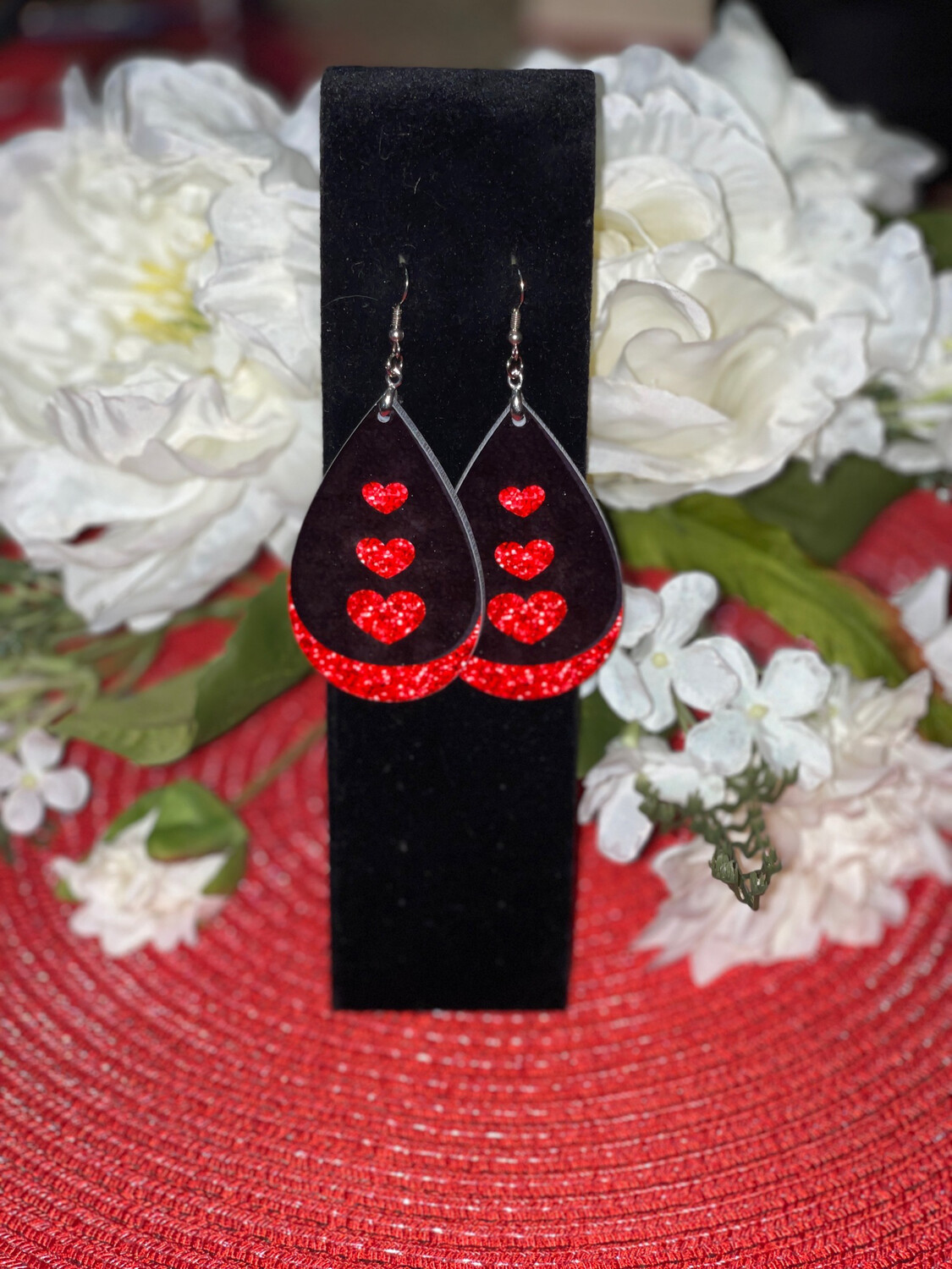 Red &amp; Black Glitter Heart Teardrop Earrings