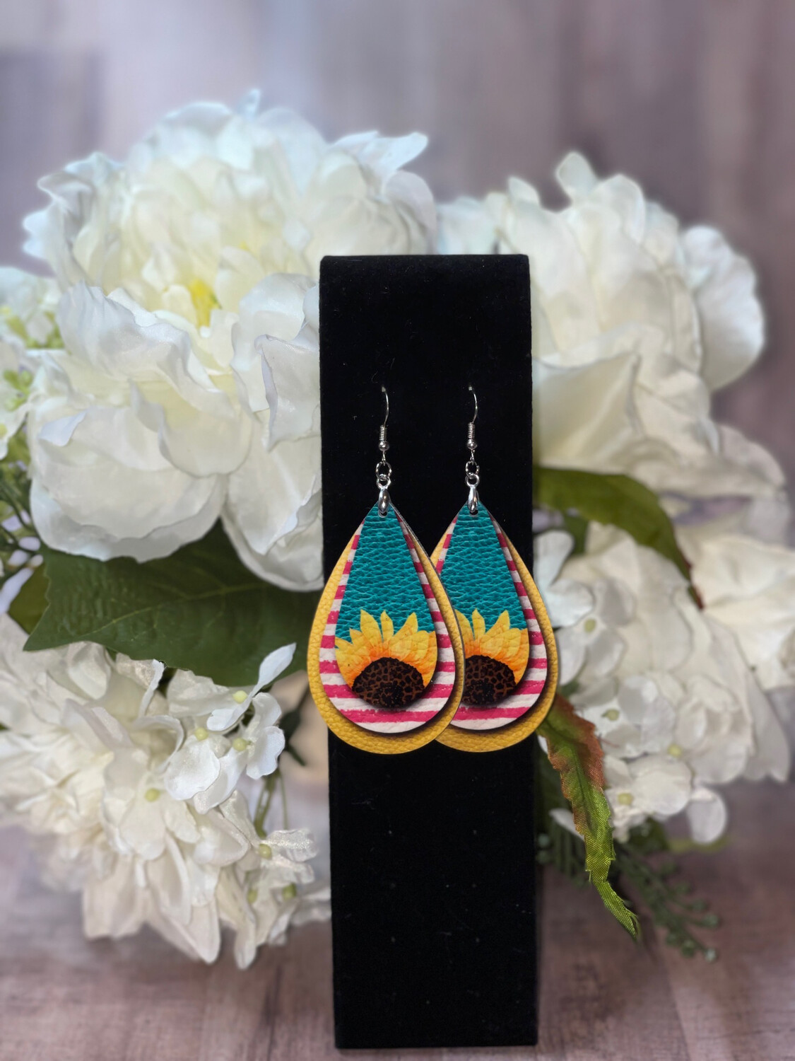 Pink Striped Spring Earrings With Turquoise Accent &amp; Sunflower