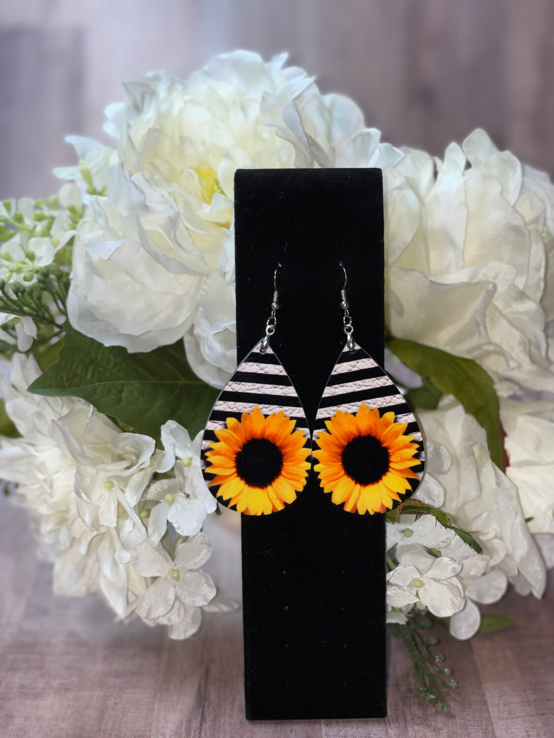 Black &amp; White Striped Teardrops With Beautiful Sunflower!