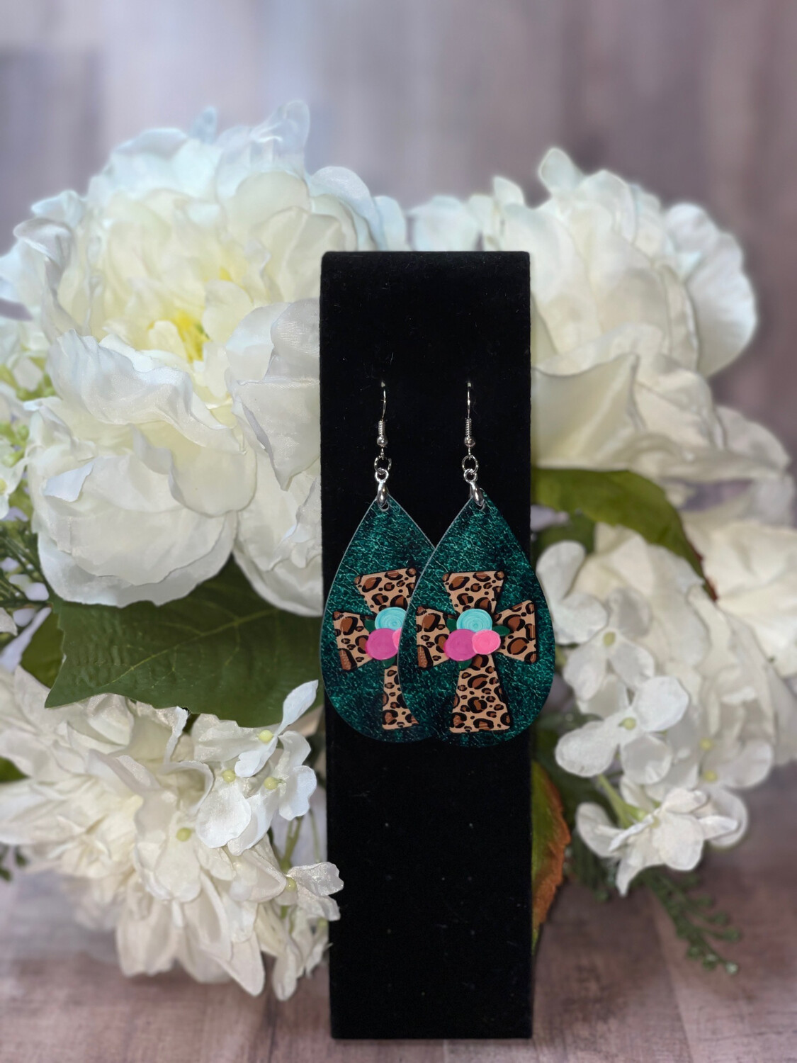 Deep Emerald Green Faux Leather Look, Cheetah Cross &amp; Floral Design