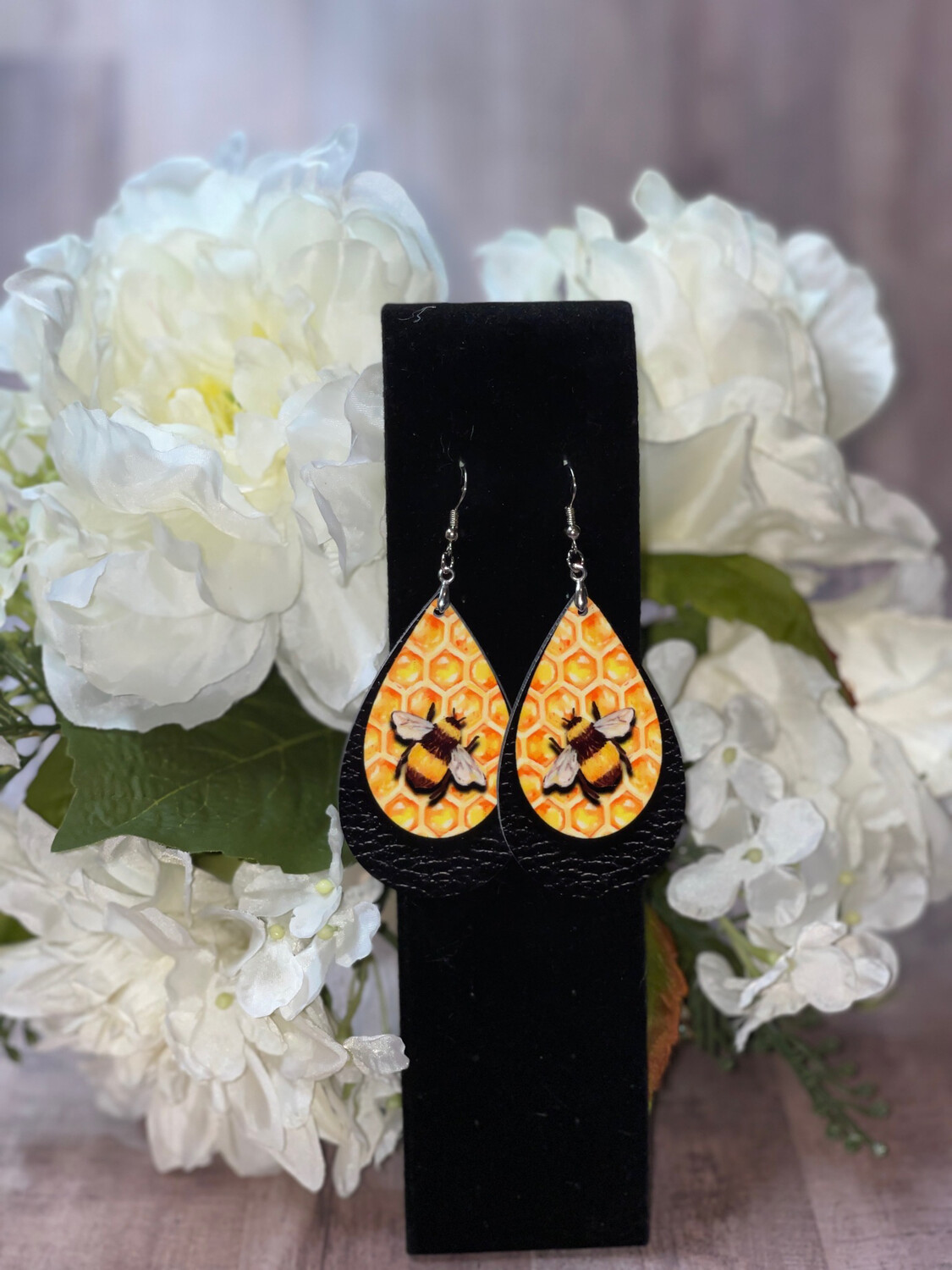 Honey Bee Earrings With Honeycomb Backgrouns