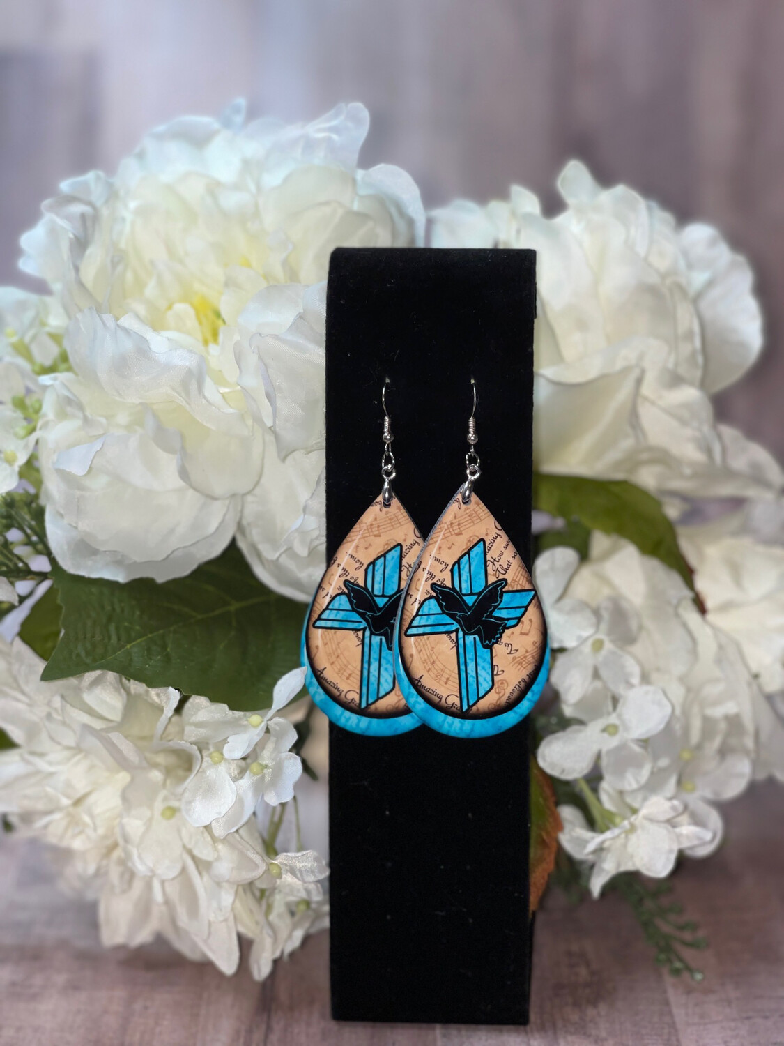 Turquoise Background with Cross and Black Dove Earrings
