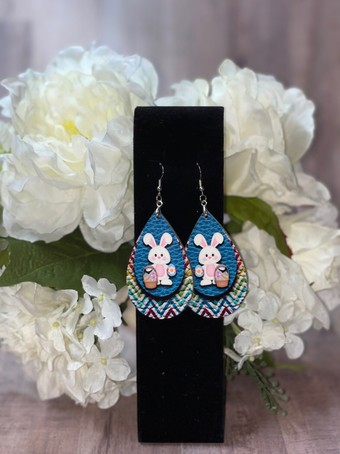 Springtime Easter Bunny Earrings &amp; Colorful Chevron Background.