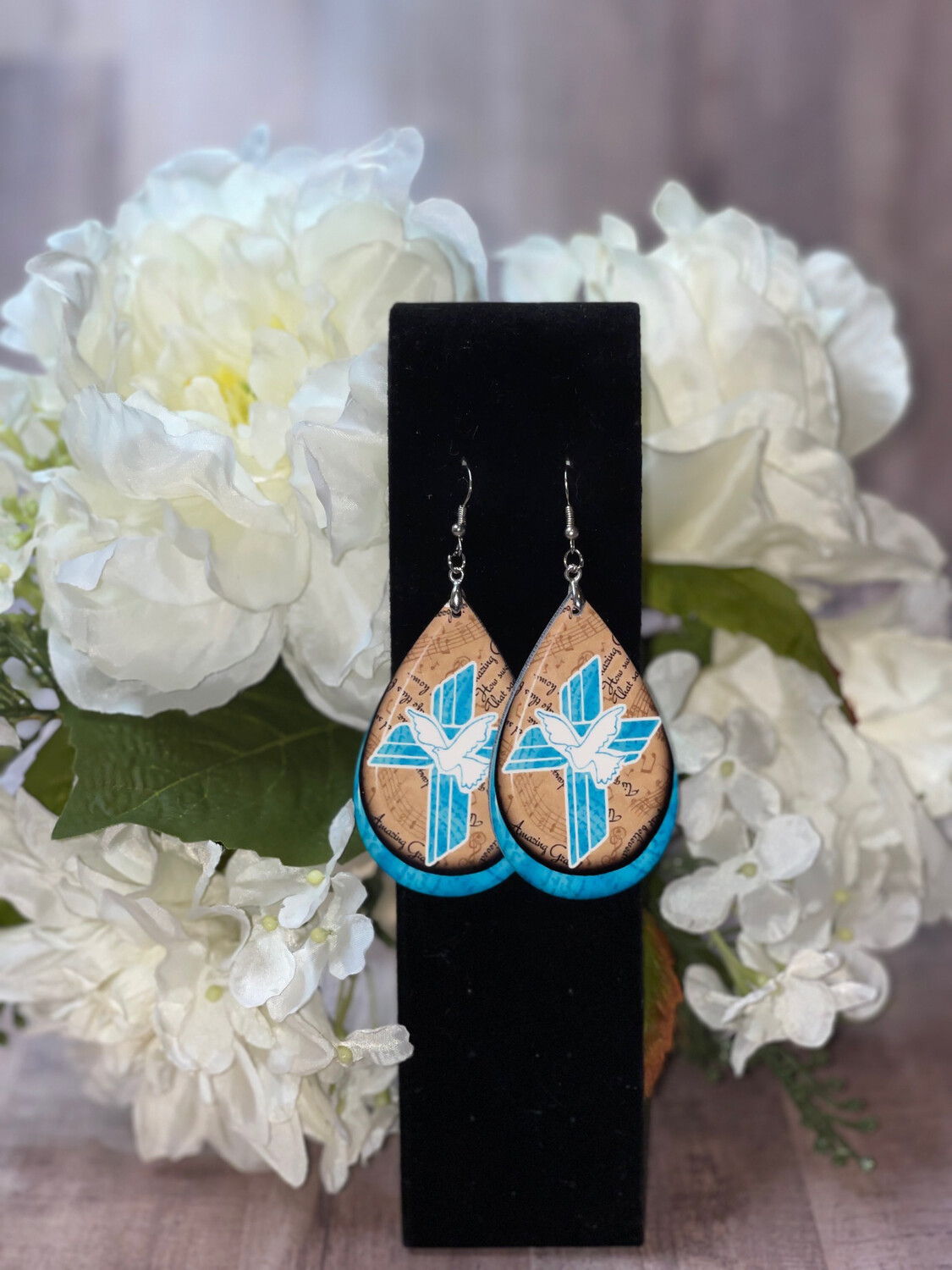 Turquoise Background With Cross &amp; White Dove Earrings.