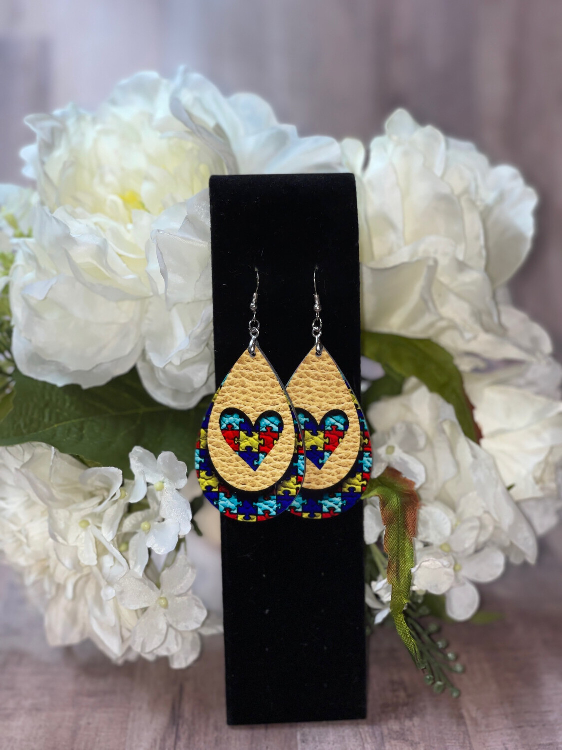 Autism Puzzle Piece Earrings With Heart And Yellow Accent