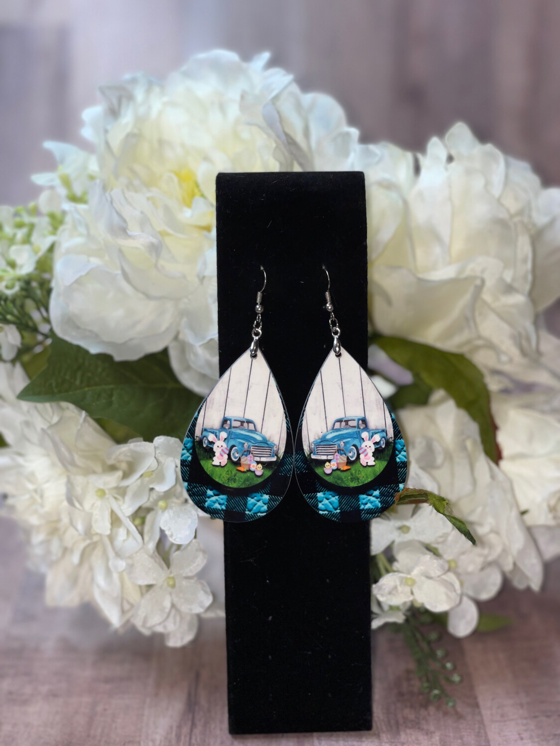 Teal Plaid Easter Bunny Earrings With Old Fashioned Truck.