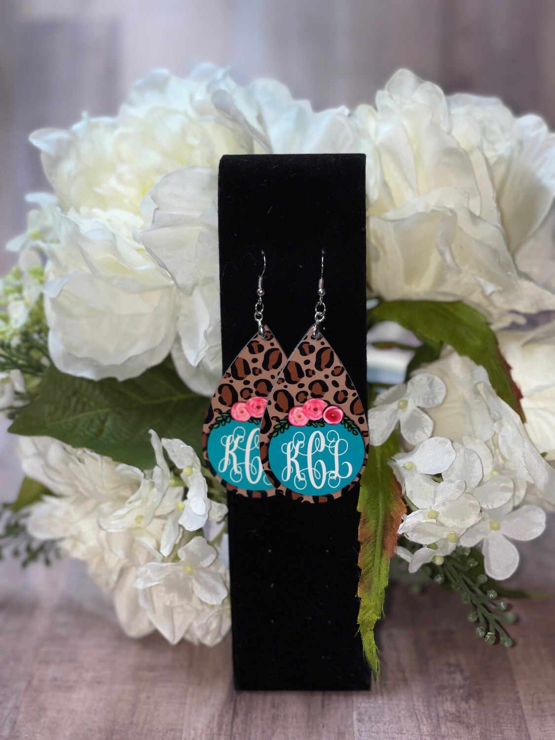 Cheetah, Teal And Pink Floral Monogram Earrings