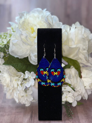 Autism Puzzle Piece Earrings With Heart And Royal Blue Accent.