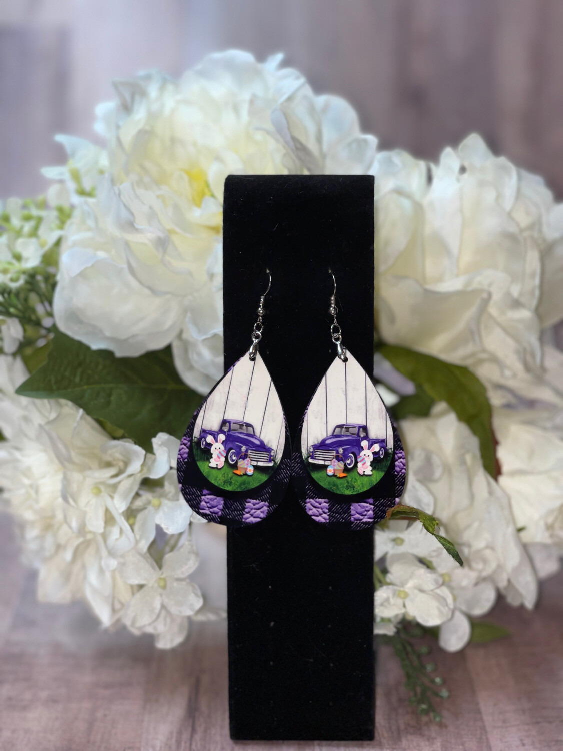 Purple Plaid Easter Bunny Earrings With Old Fashioned Truck