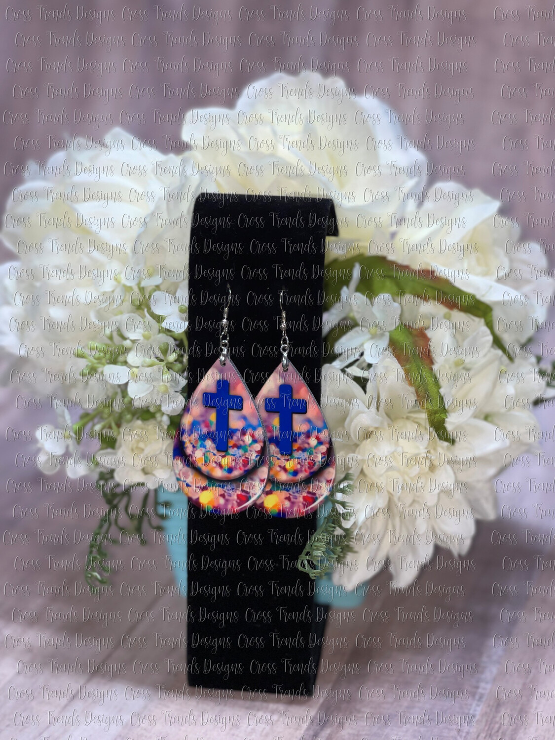 Purple Cross Earrings With Sparkle Bkgrnd