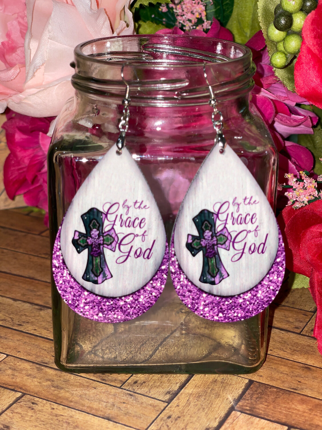 Faux Purple Glitter &amp; Cross By The Grace of God Earrings