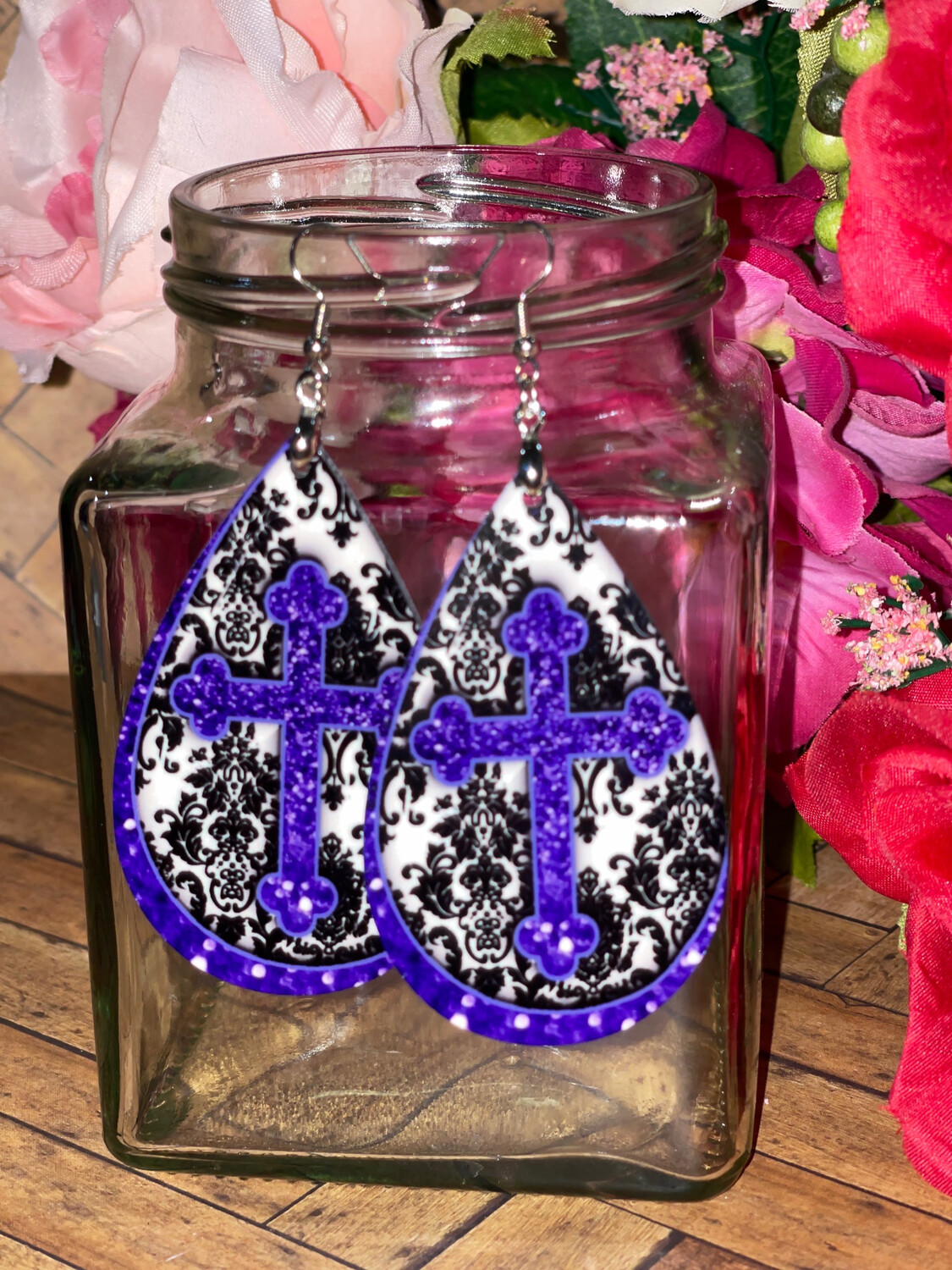 Black Damask Earrings with Purple Cross.