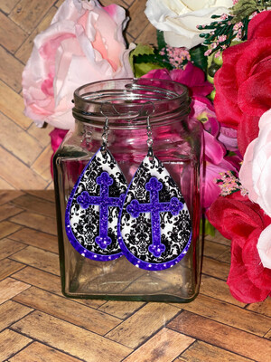 Black Damask Earrings with Purple Cross.