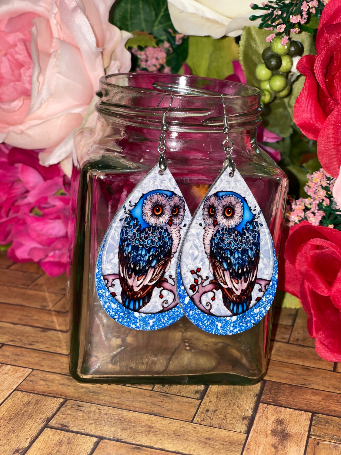 Light Sapphire Colored Owl Earrings with Faux Glitter